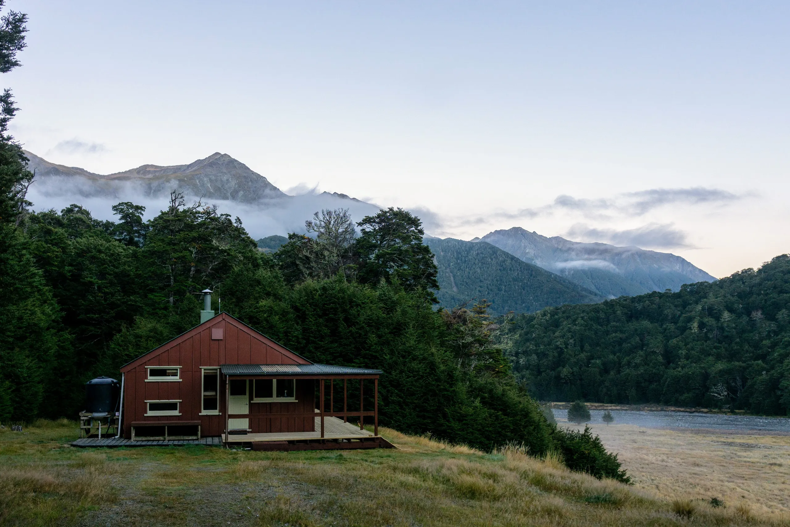 Hamilton Hut and its surroundings in the morning