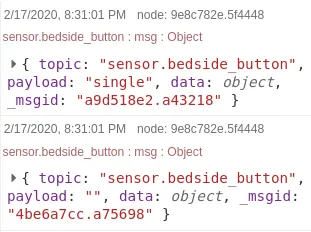 Screenshot of ESPHome button state logged in Node-RED